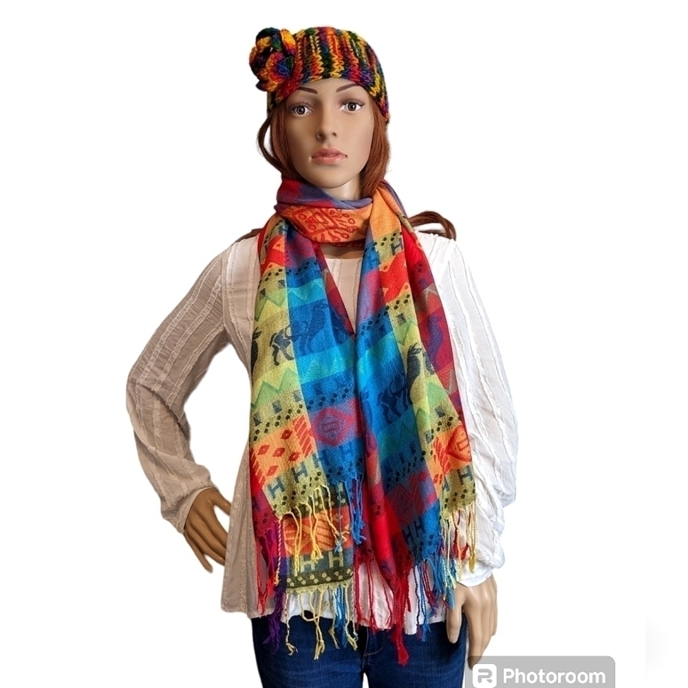 Peruvian pashmina, Rainbow Shawl "Chakana " for women, Lightweight cotton Shawl